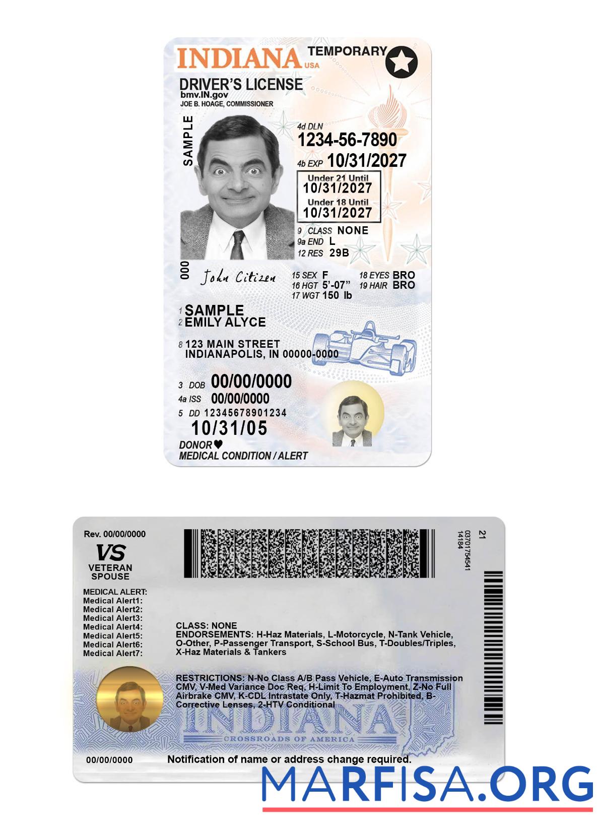 Downloadable USA Indiana driving license under 21 template